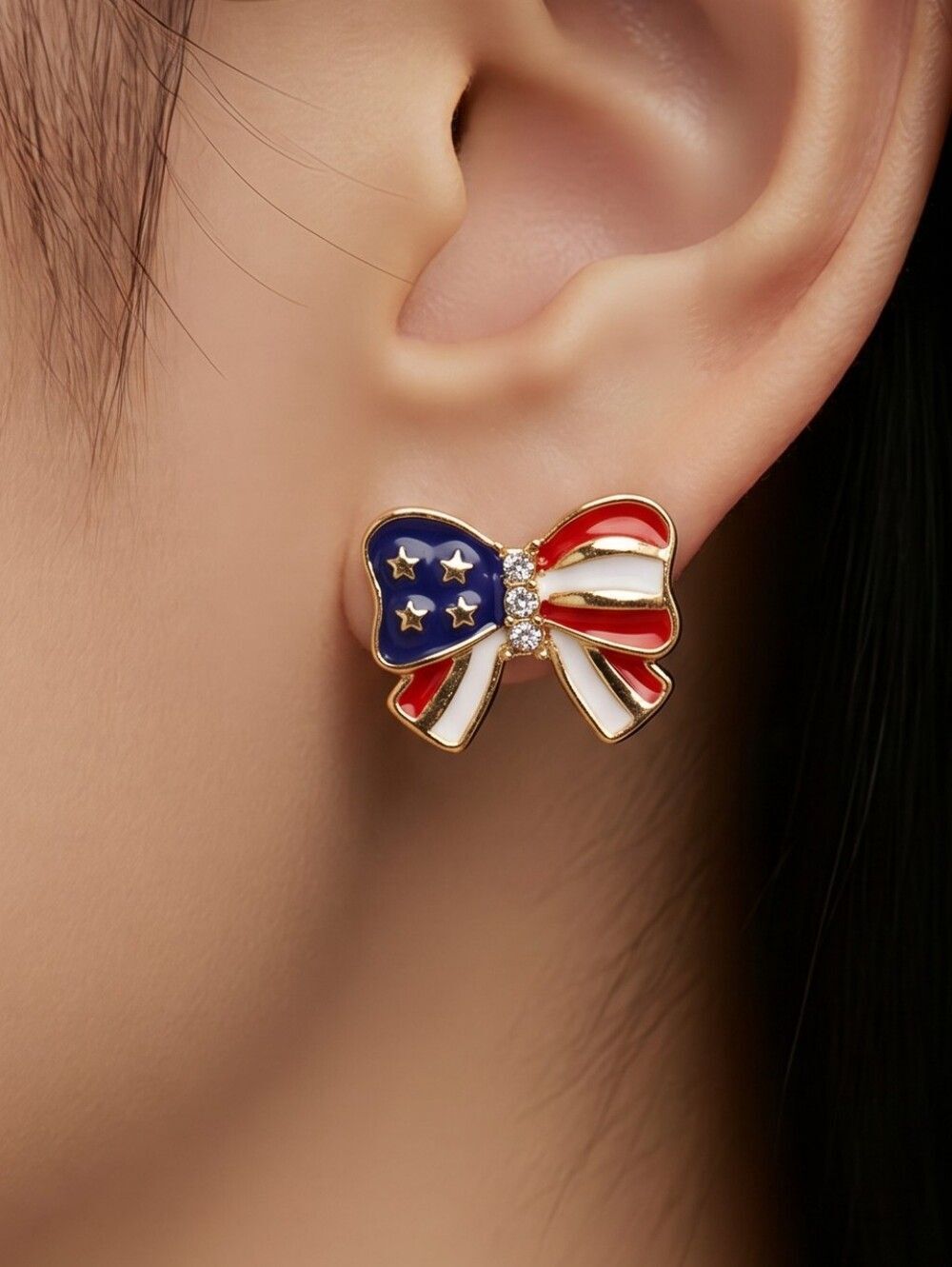 American Flag Bow Earrings Patriotic Glam USA Stars Stripes CZ Stud Jewelry NWT